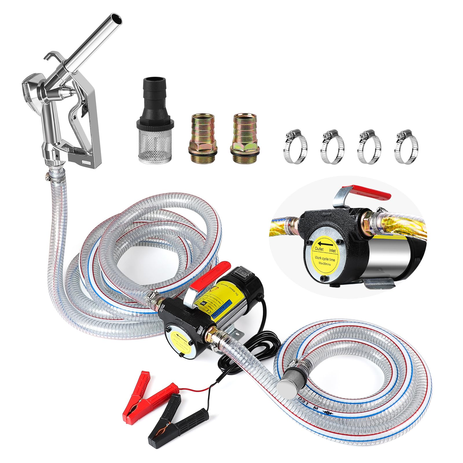 SWAWIS Pompa Diesel Elettrica 12V 175W, Pompa Travaso Gasolio 45l/Min con Pistola Manuale per Olio e Tubo Flessibile, Pompa di Trasferimento Diesel per Navi Campi Petroliferi Escavatori