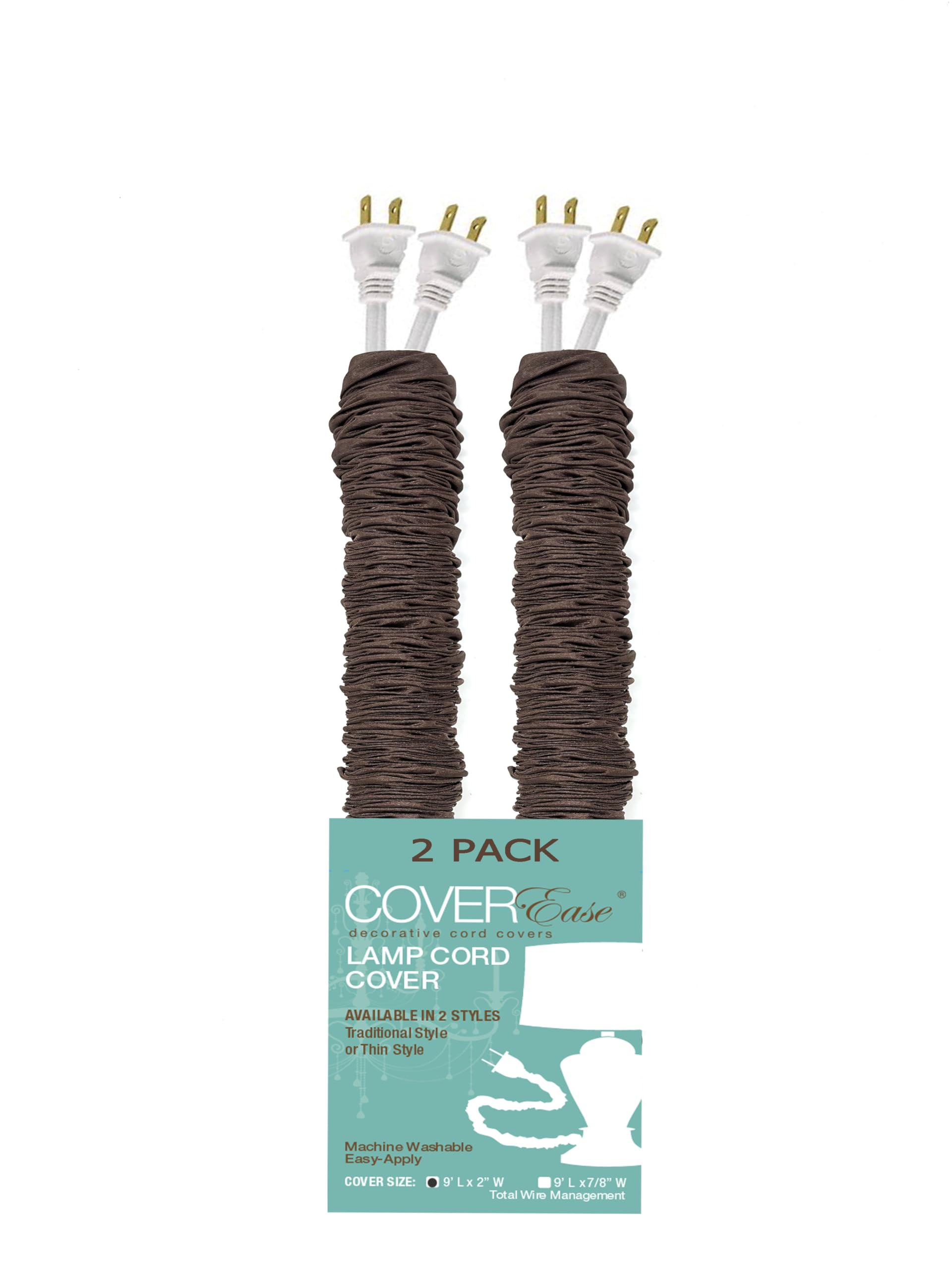 DK Brown COVEREase Cord Cover 9 ft Faux Silk Fabric Lamp Cord Cover - Cable Sleeve, Wire Cover, Cord Hider for Cable Management for Electrical Lighting Fixtures (Dk Chocolate 2 Pack)