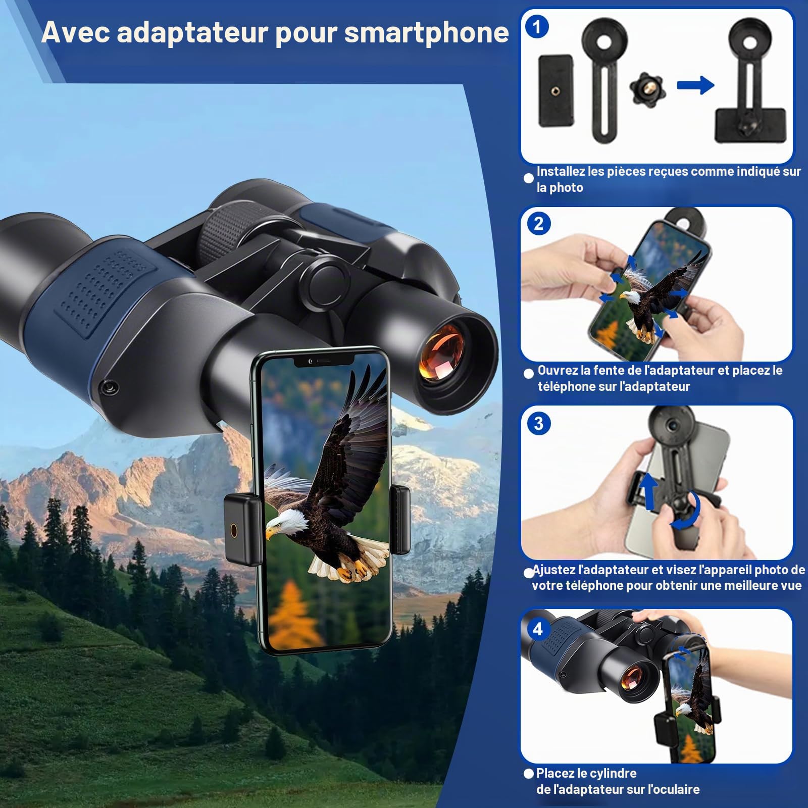 Jumelles 20x50 Adultes Vision Nocturne BAK4 Prism FMC HD Compactes Étanches avec Adaptateur Smartphone