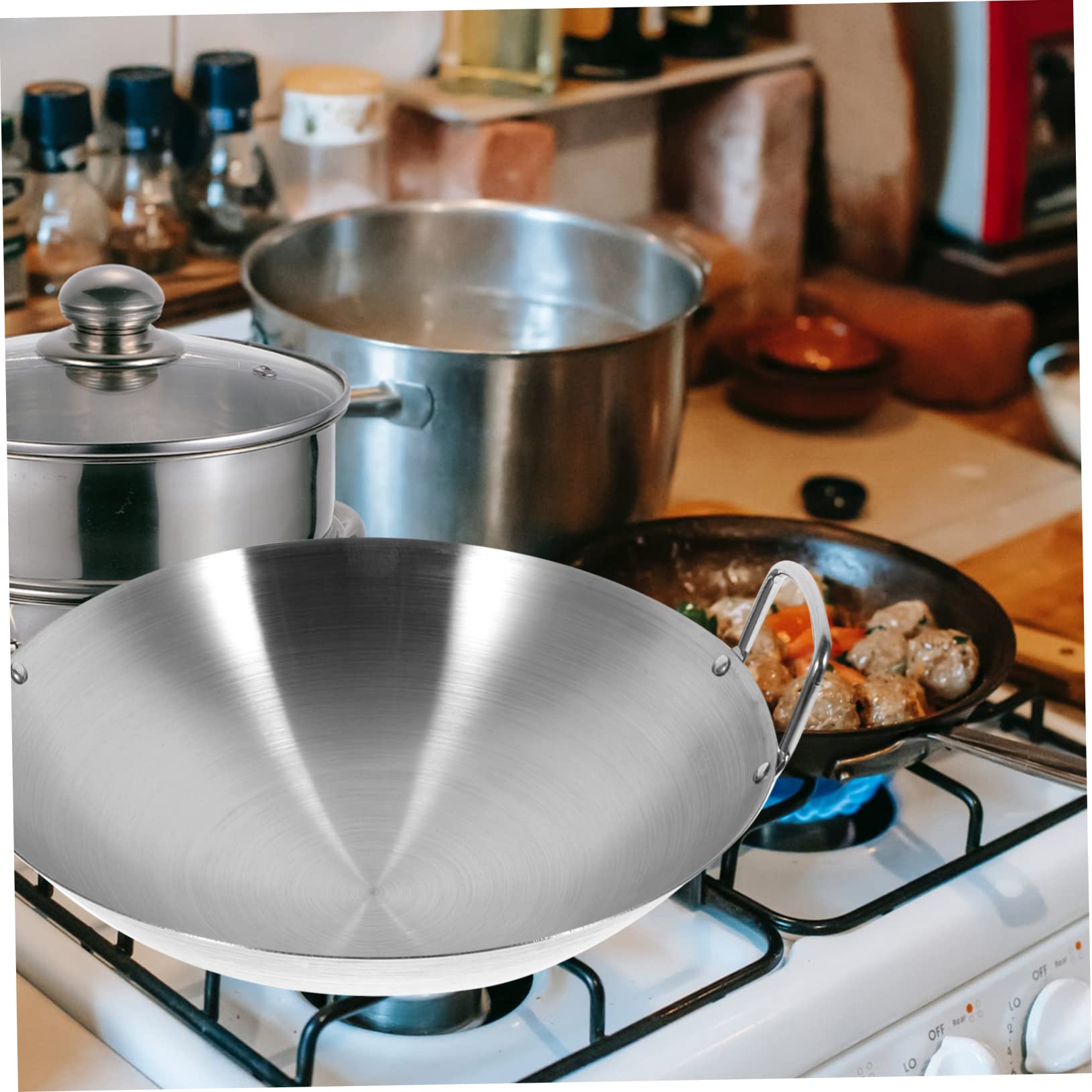 Amazon.co.jp: STOBAZA ステンレス製ダブルハンドル中華鍋 丸底調理用