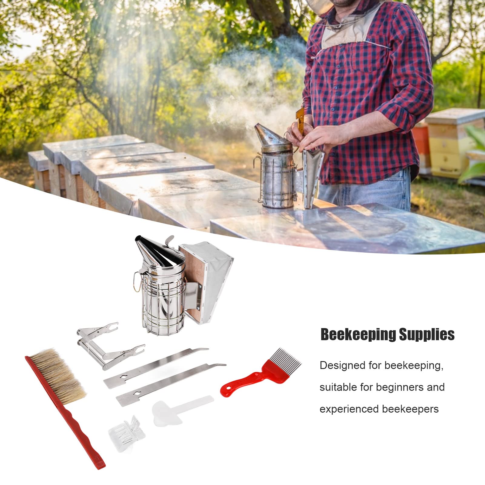 Kit de Herramientas de Suministros de Apicultura, 10 Piezas de Suministros de Apicultura Kit de Inicio de Apicultor, Kit de Ahumador de Abejas que Incluye Herramientas de Colmena para Apicultor Necesa