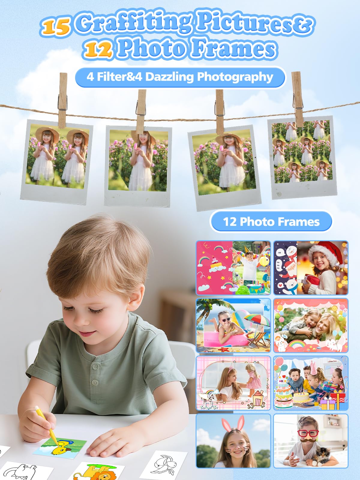Macchina Fotografica Bambini Istantanea, 48MP e 1080FHD Dual-Camera Obiettivo Fotocamera Digitale con 4 Rulli di Carta da Stampa 2,4 Pollici IPS Schermo di Protezione Oculare 32GB Scheda (Blu)
