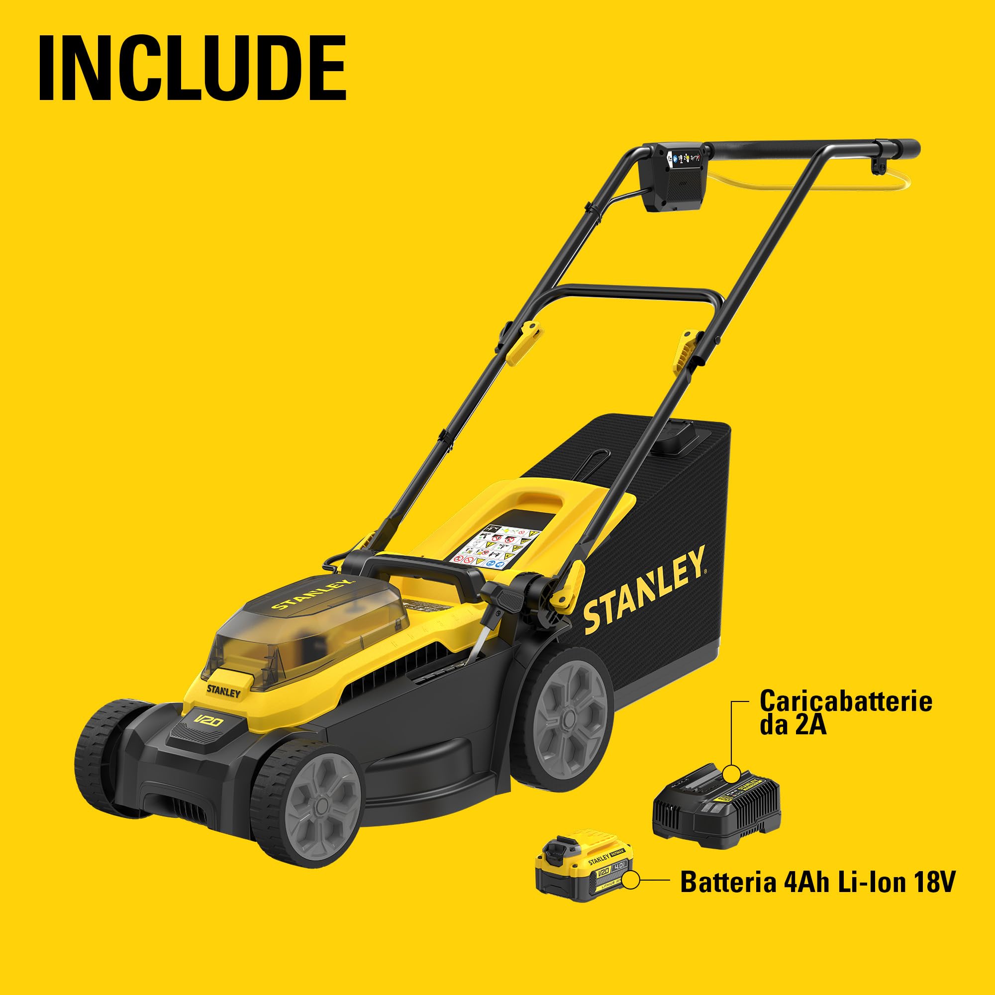 STANLEY V20 Cordless Brushless 34cm Walk-Behind Mower, include batteria Li-Ion 4Ah e caricatore 2A, 18V, SCMWP3401M1-QW