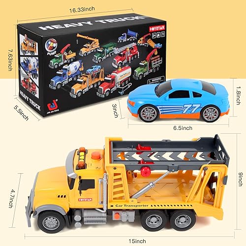 Miniatura 2 de Olbyefly Camiones de juguete para niños pequeños de 3, 4, 5, 6, 7 años, camión de remolque de cama plana grande de 15 pulgadas con auto de juguete,