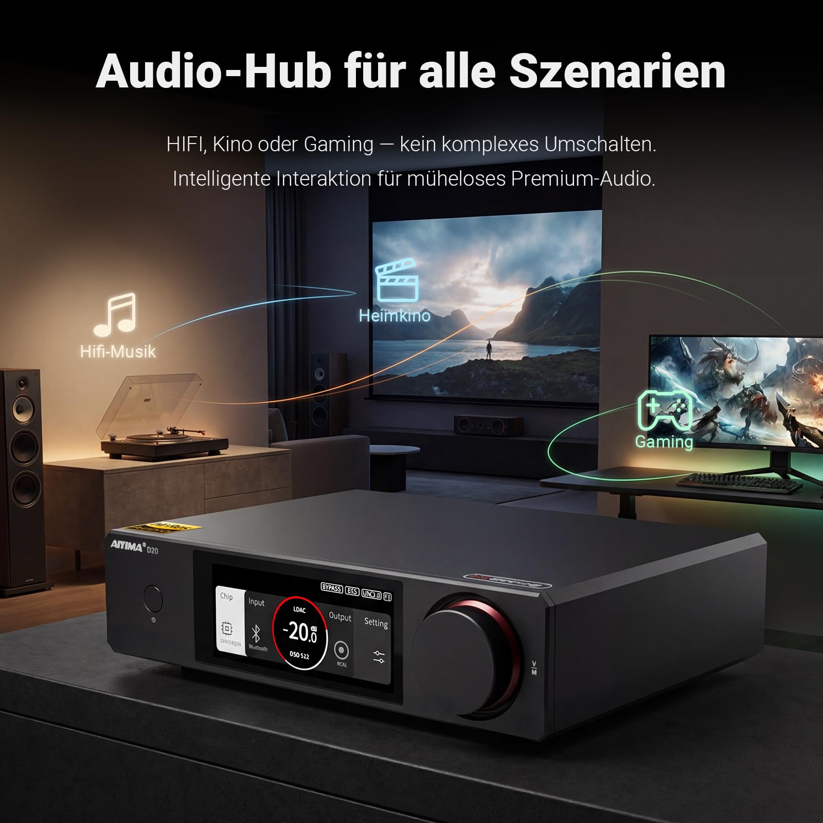 AIYIMA D20 Vollsymmetrischer Hifi-DAC mit zwei DAC-Chips ES9039Q2M AK4493S | XMOS XU316 Desktop-DAC,Bluetooth mit LDAC,ARC-Eingang,XLR-Ausgang,dynamisches VU-Meter,UAC 1.0/2.0 Gaming-DAC für PS5&Switch