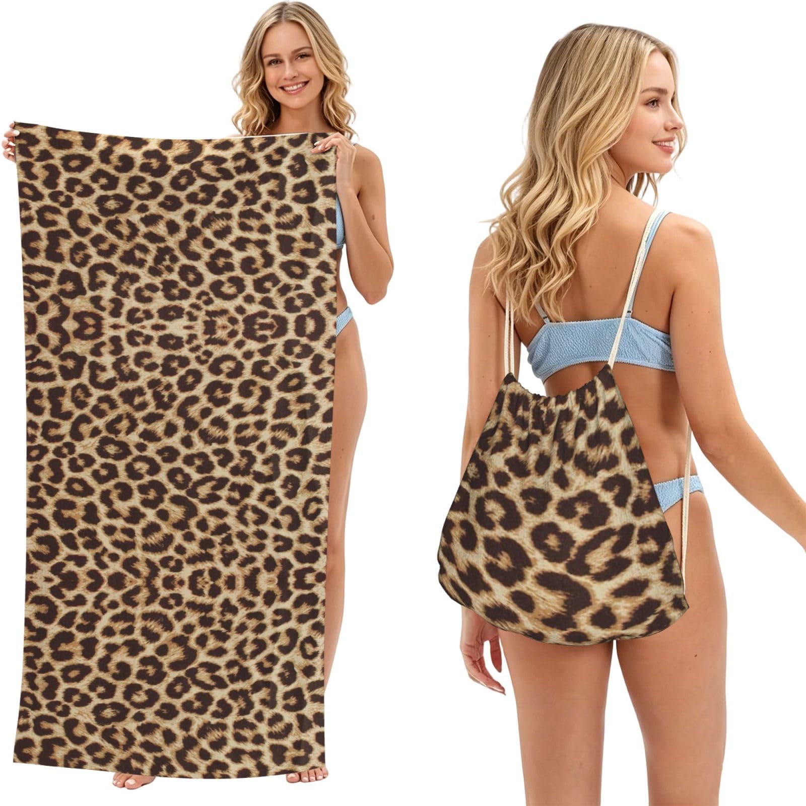 ESNAIUVCD Leopard Pattern Print Beach Towel For Adults,Towel With Drawstring Bag, Travel Pool Swimming Sports Shower Sand Free Quick Dry Bath Towel For Pool, Beach, Yoga- 180x60cm