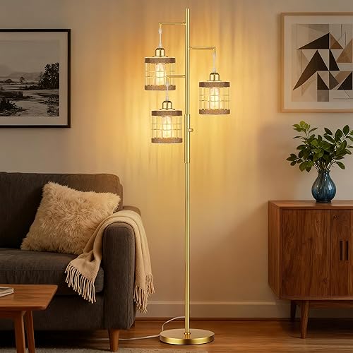 Miniatura 3 de QiMH Lámparas de pie industriales para sala de estar, lámpara de pie de árbol con regulable continuo, lámparas de 68 pulgadas de alto para Oro