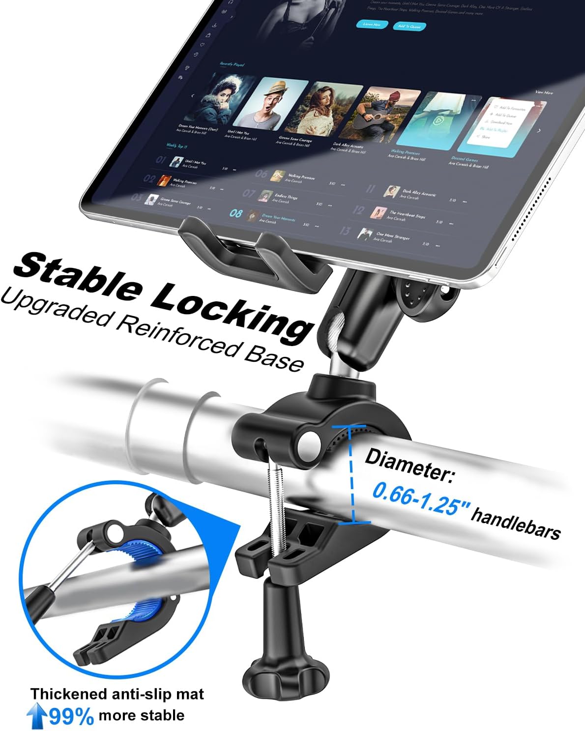 Bike Tablet Holder Handlebar Clamp - [Anti-Shake Metal Arm] Motorcycle Tablet Mount, Universal ipad Holder for Treadmill, Stroller, Wheelchair, Exercise Bike, for 4-13" Tablets Phones
