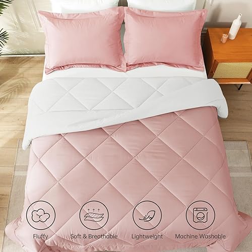 Miniatura 7 de JOLLYVOGUE Juego de edredón tamaño matrimonial rosamarfil, juego de cama reversible en una bolsa para todas las estaciones, juego de cama de 3