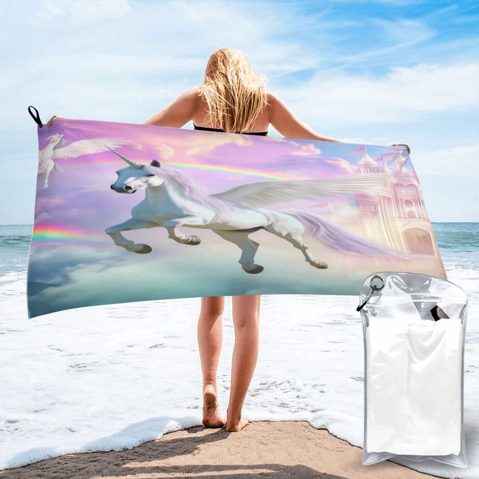 Anceky Magical White Unicorn Castle Rainbow SkyScene Quick Dry Microfiber Travel Towel with Carry Case and Carabiner 31.5"X63"