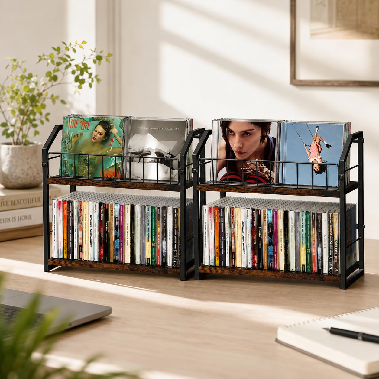 CD Storage Rack, 2 Tier CD holder &amp; Display, 120 Capacity- Brown 2 Pack
