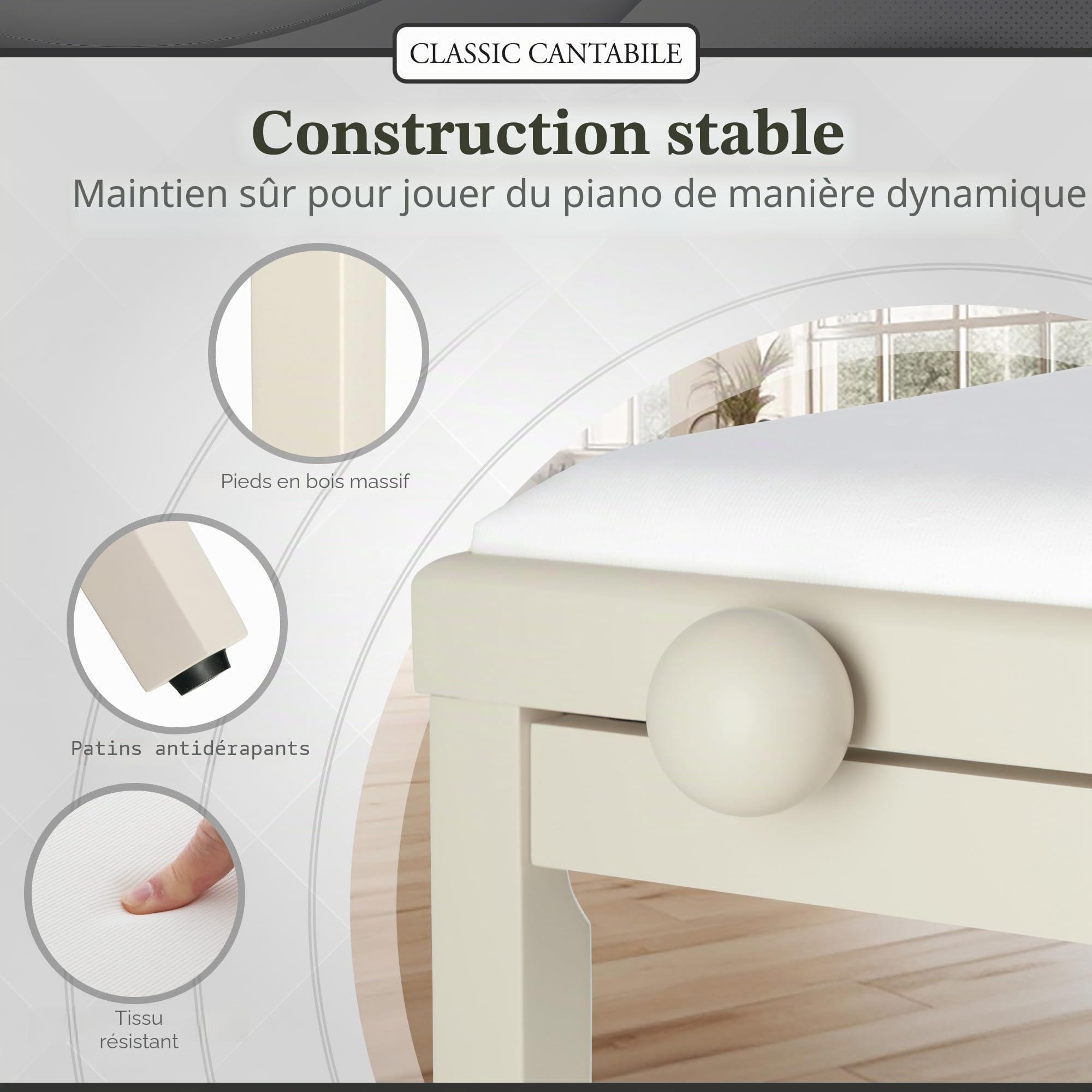 Classic Cantabile Banquette de Piano frêne Blanc Mat