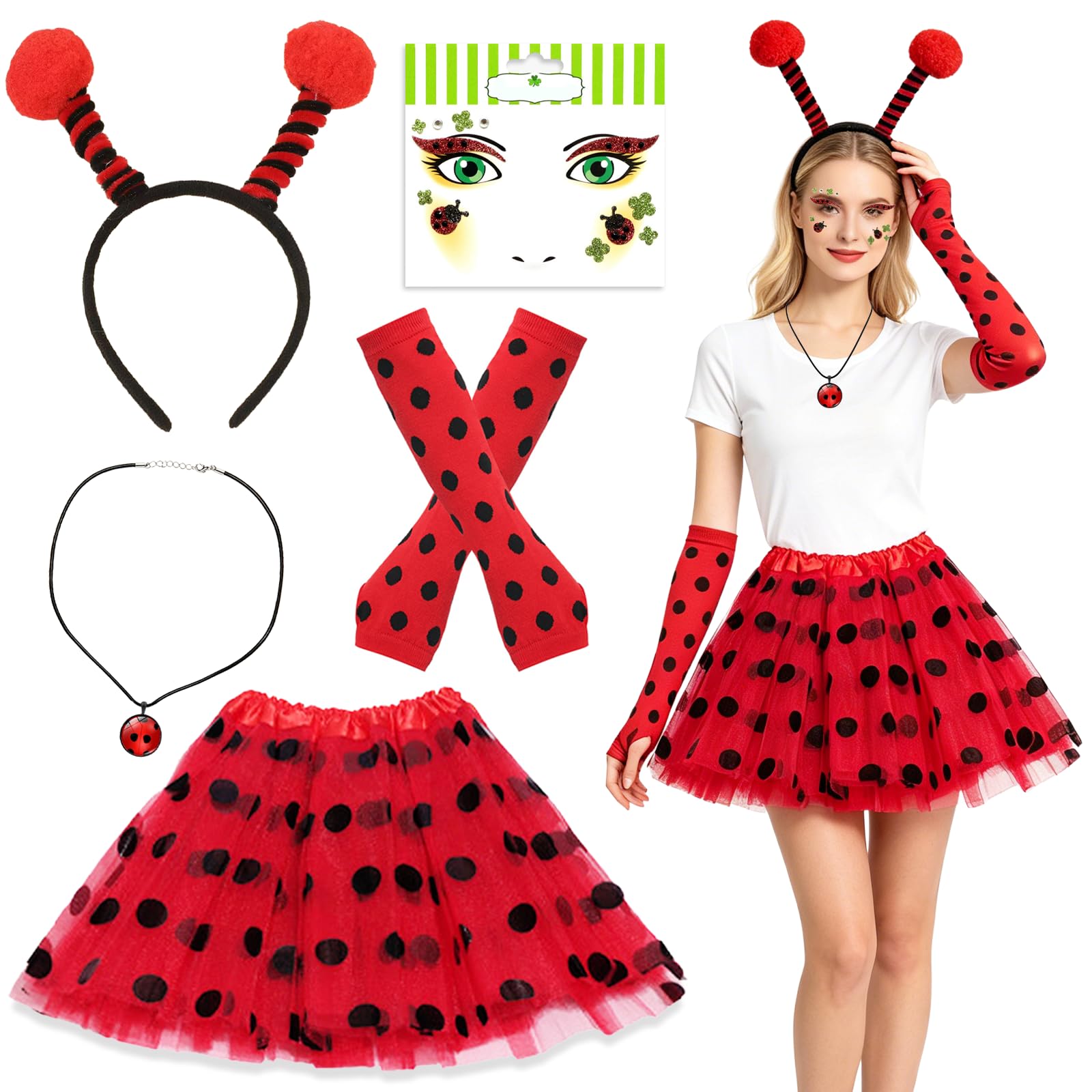 YAEGIMHT Ladybird Costume Girls Women, Red Polka Dot Tulle(40cm) Antenna Headband Gloves Necklace Sequined Face Stickers, Party Carnival Halloween Cosplay for Age 7+