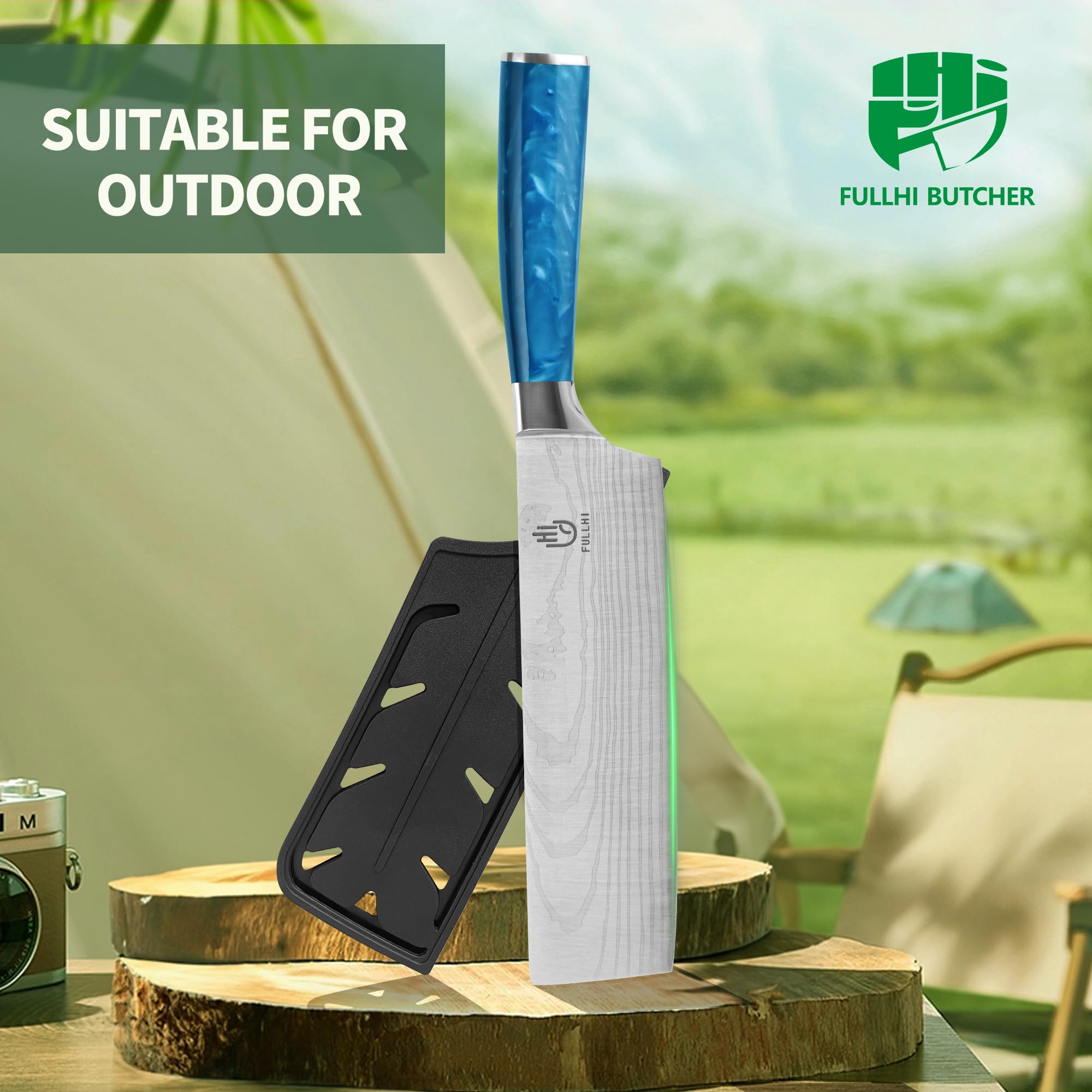 FULLHI Cuchillo Nakiri, Multi Color 7inch Cuchillo Japonés con funda, Acero Inoxidable Cuchillo Cocina Carne Verdura con Guarda (Resina azul)