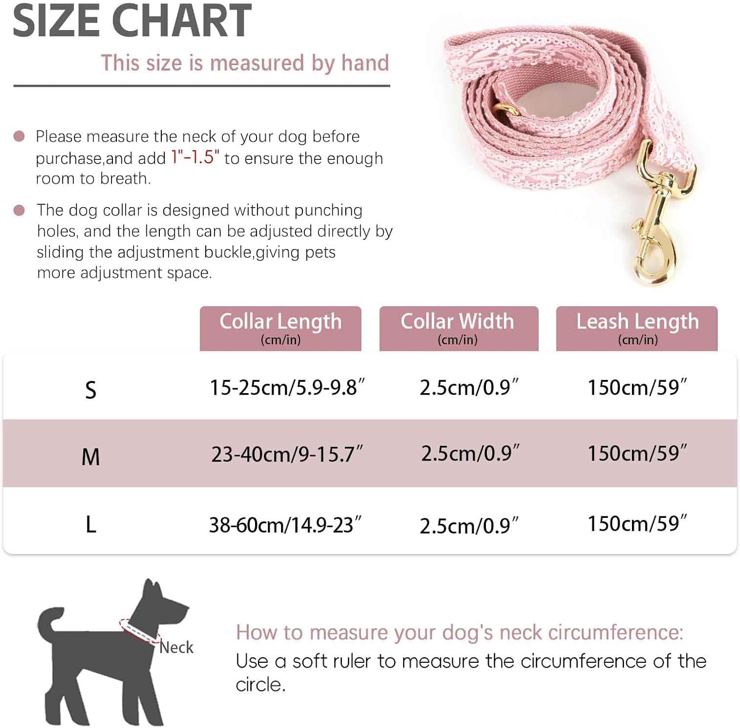 obroża dla zwierząt, Zestaw obroży i smyczy dla psa z koronki Bawełniana obroża szczeniaka Ręcznie haftowana kwiatkiem(Pink,S)