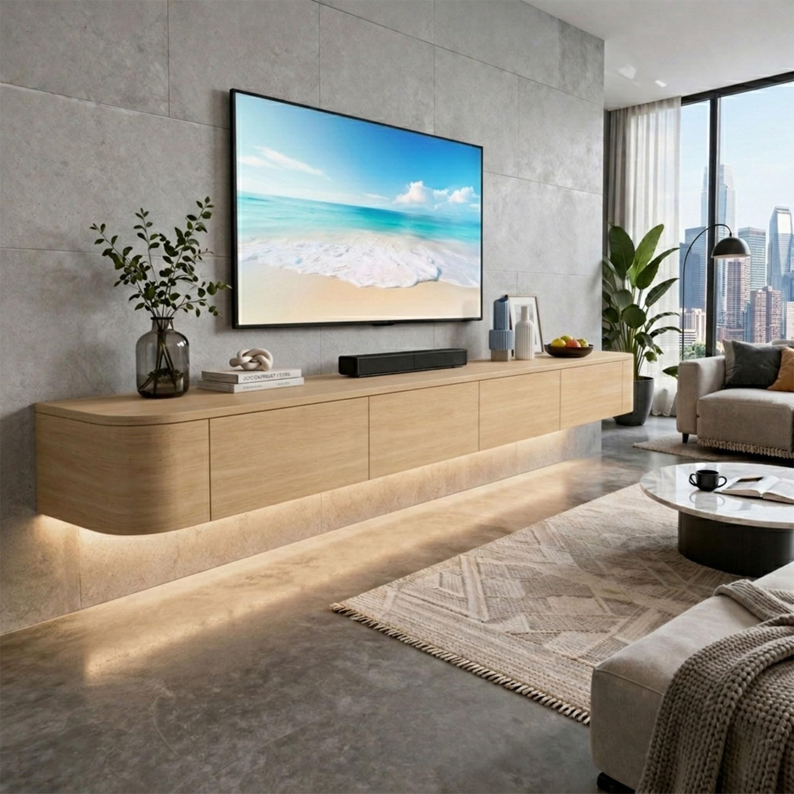 Floating TV Stand Wall Mounted Modern Floating Media Console With Storage Cabinets And Cable Management For Living Room Bedroom Wall Mounted TV Console Entertainment Center(Natural Oak LED,240cm)