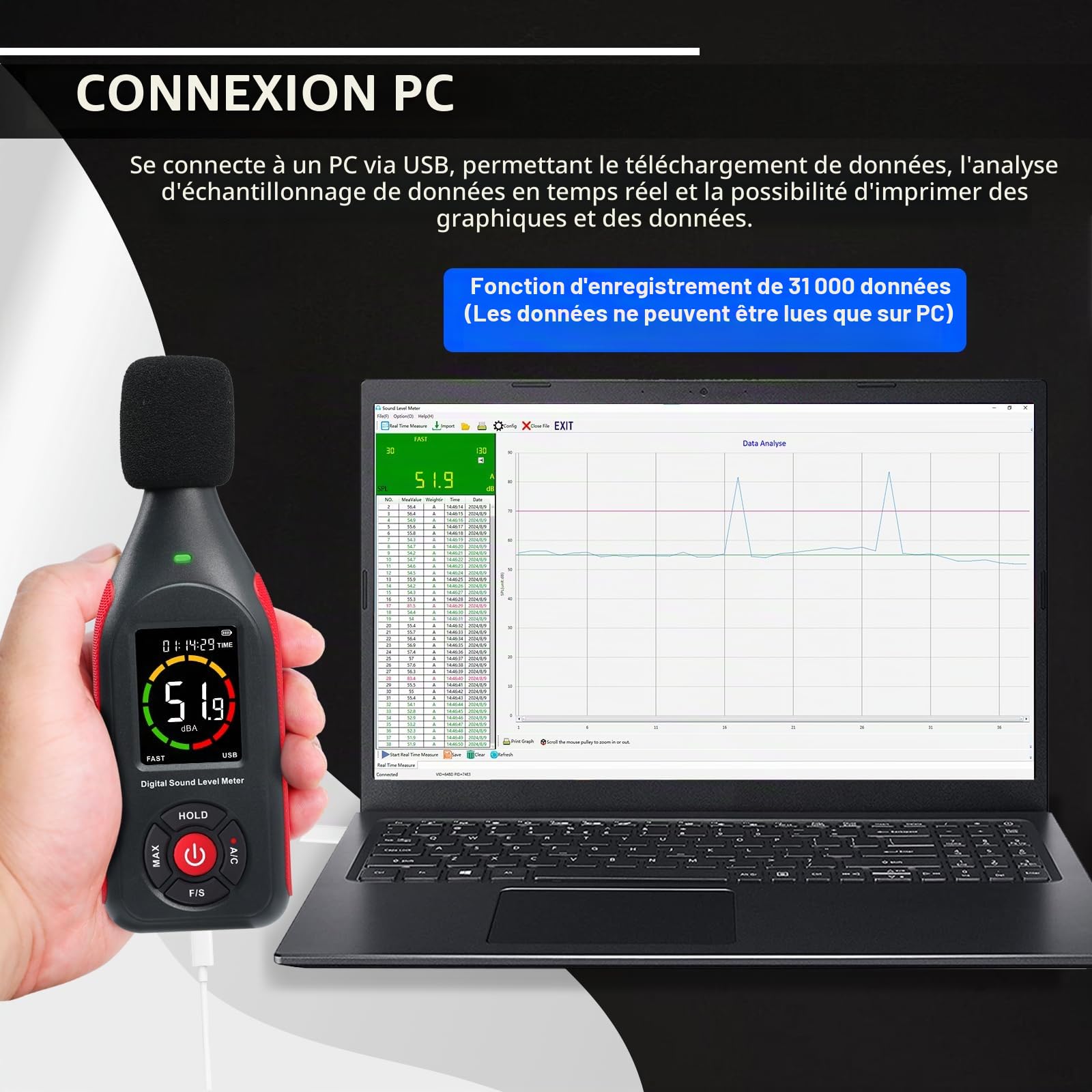 Testeur de niveau sonore avec enregistreur de données portable, sonomètre avec enregistrement de 31 000 données et exportation, sonomètre rechargeable avec sortie fréquence CA/CC, alarme 3 couleurs