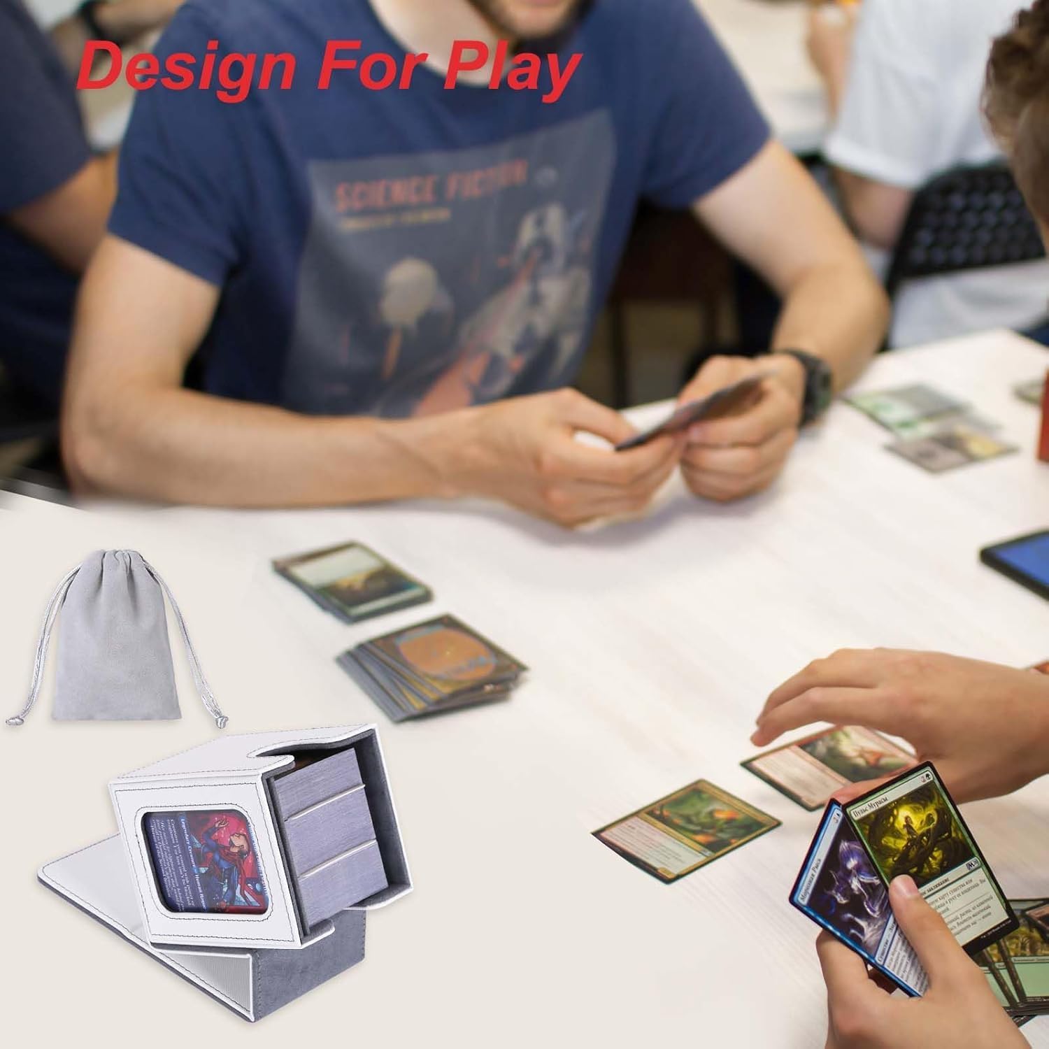 AFIING MTG Deck Box for Commander Display, Fits 100 Double Sleeved Cards, Magic Commander TCG Card Storage Box with 2 Dividers, Drawstring Bag and 1 Toploader (White/Grey) image 2