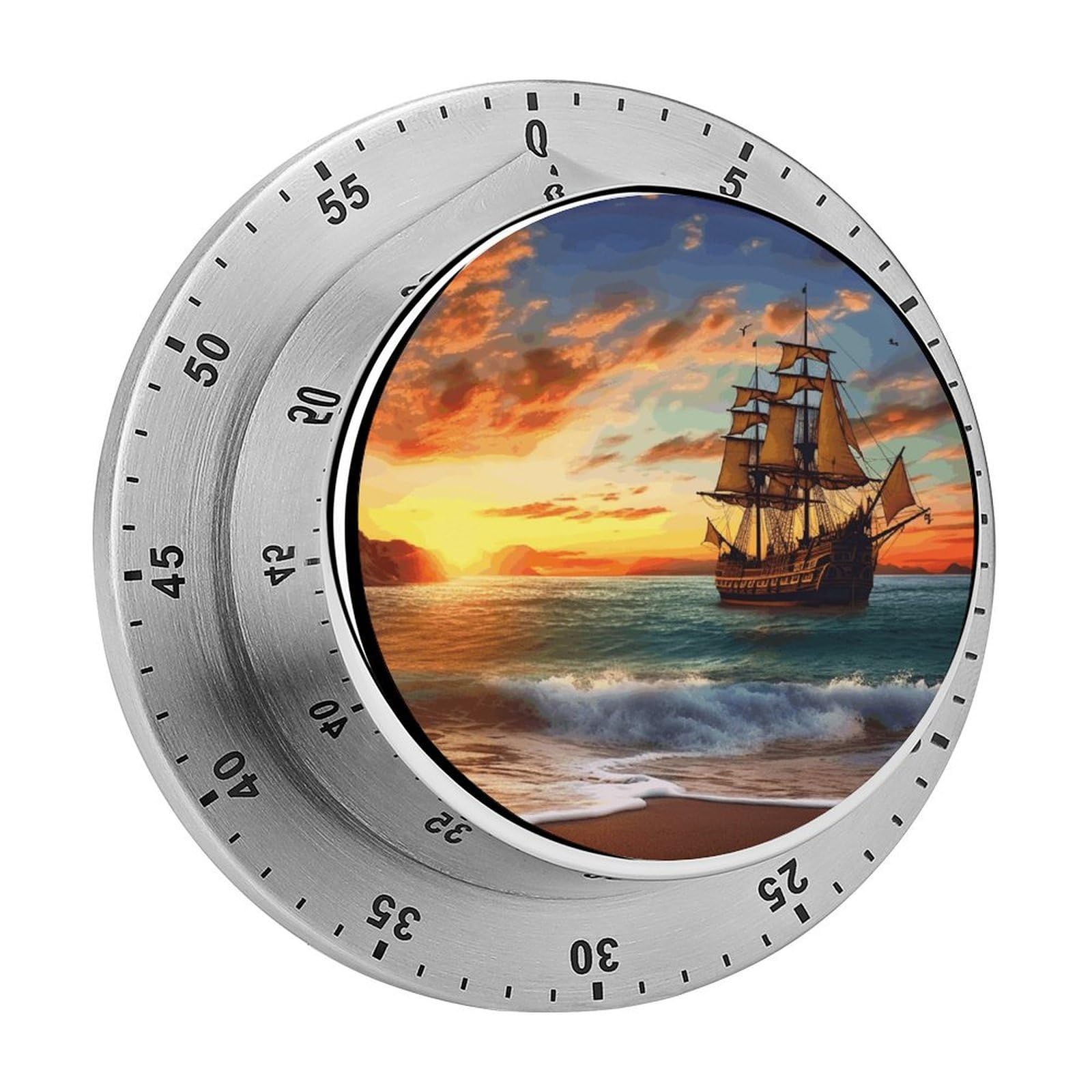 Pirate Ship in The Sunset Mechanical Kitchen Timer, Magnetic Stainless Steel Countdown Timer, Loud Alarm Cooking Timer for Baking, Cooking, Fitness, Classroom, No Battery Needed