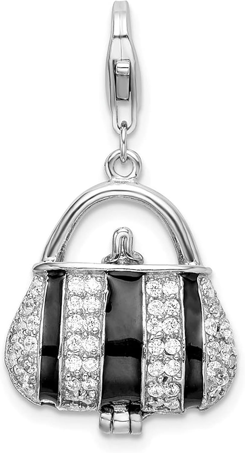 925 Silver Amore La Vita 3-D Moveable Black Enameled CZ Handbag Bracelet Charm Lobster Clasp