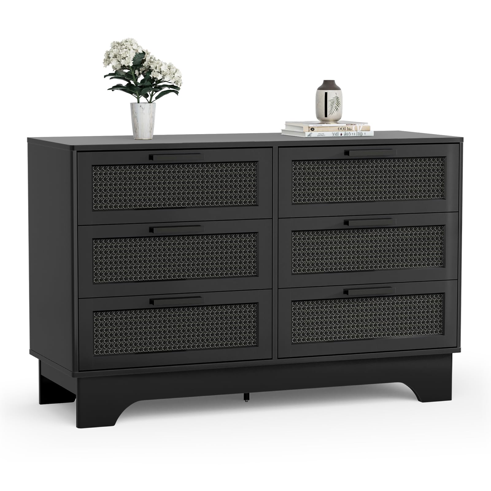 Amazon.com: Anmytek Black Rattan 6 Drawer Dresser for Bedroom, Wood ...