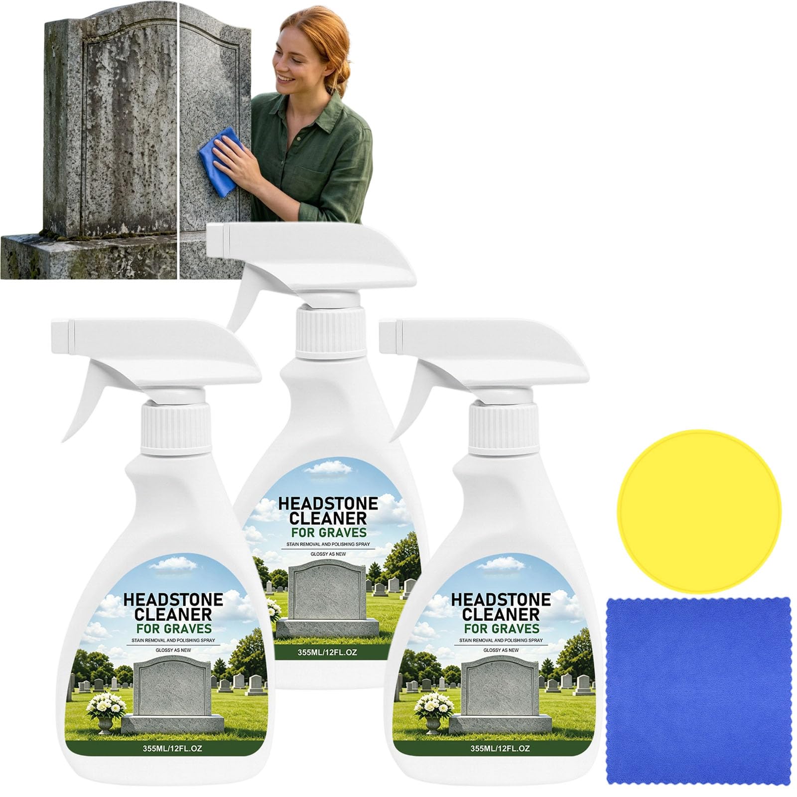 Spray limpiador de lápidas y tumbas para granito y mármol cementerio, juego de limpieza de lápidas y monumentos con paño y esponja, spray de limpieza y pulido para el cuidado (3 unidades)