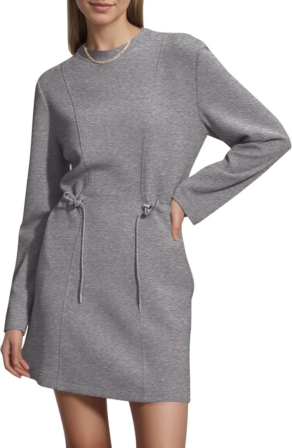 COCOMARTS Womens Long Sleeve Crewneck Sweatshirt Dress Drawstring Waistband Casual Tunic Tops Mini Dresses 2025 Fall Clothes