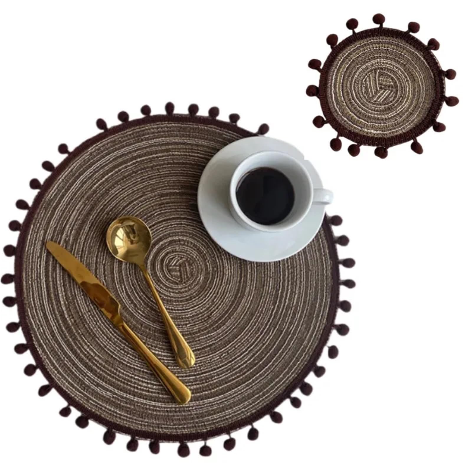 Placemats And Coaster Sets Pompom Placemats and Coaster Set Round Trivet for Hot Dish Vintage Placemat Jute Table Mats(Pom coffee)