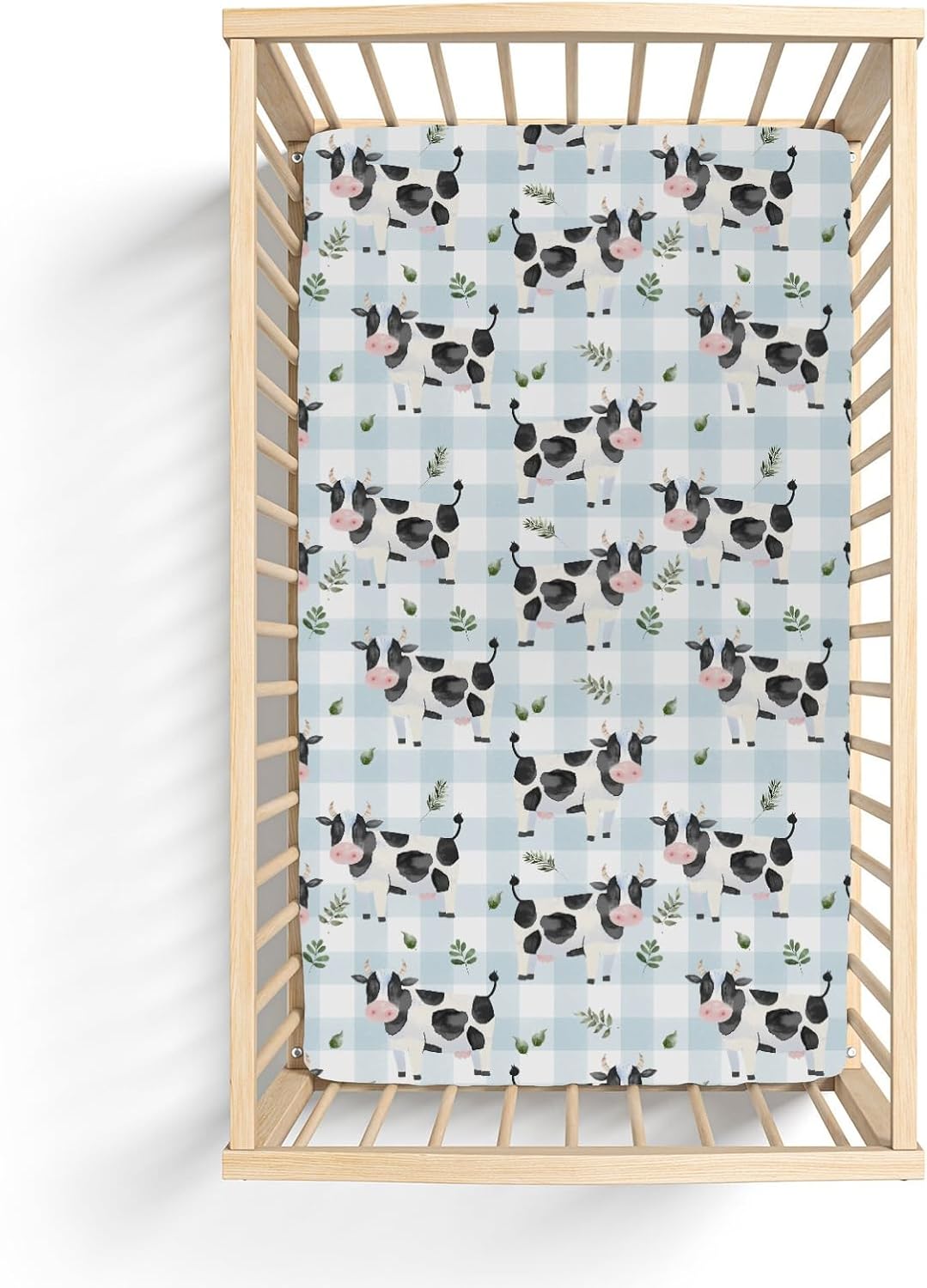 Dairy Cows Spring Baby Crib Sheets for Boy Girl 28"x52" Cow Boho Leaves Blue White Plaids Soft Snug Fitted Crib Mattress Covers Farm Animals Baby Sheet for Standard Crib and Toddler Bed Mattresses