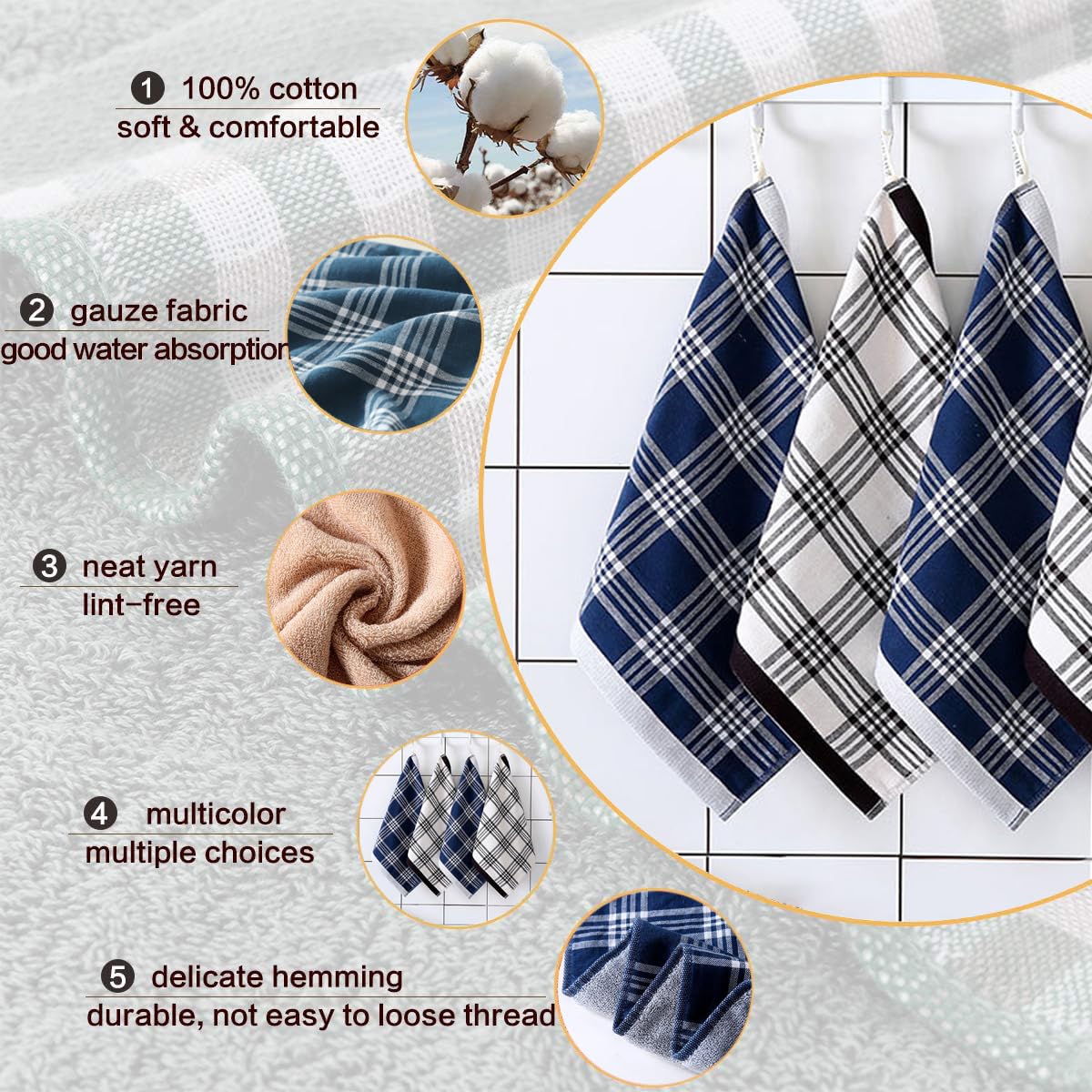 Paños de Cocina Algodón 34 x 34 cm Trapos Cocina 100% Algodon Juego de 6 Kitchen Towels Súper Absorbentes Trapos Azules a Cuadros Textiles de Cocina para Secar