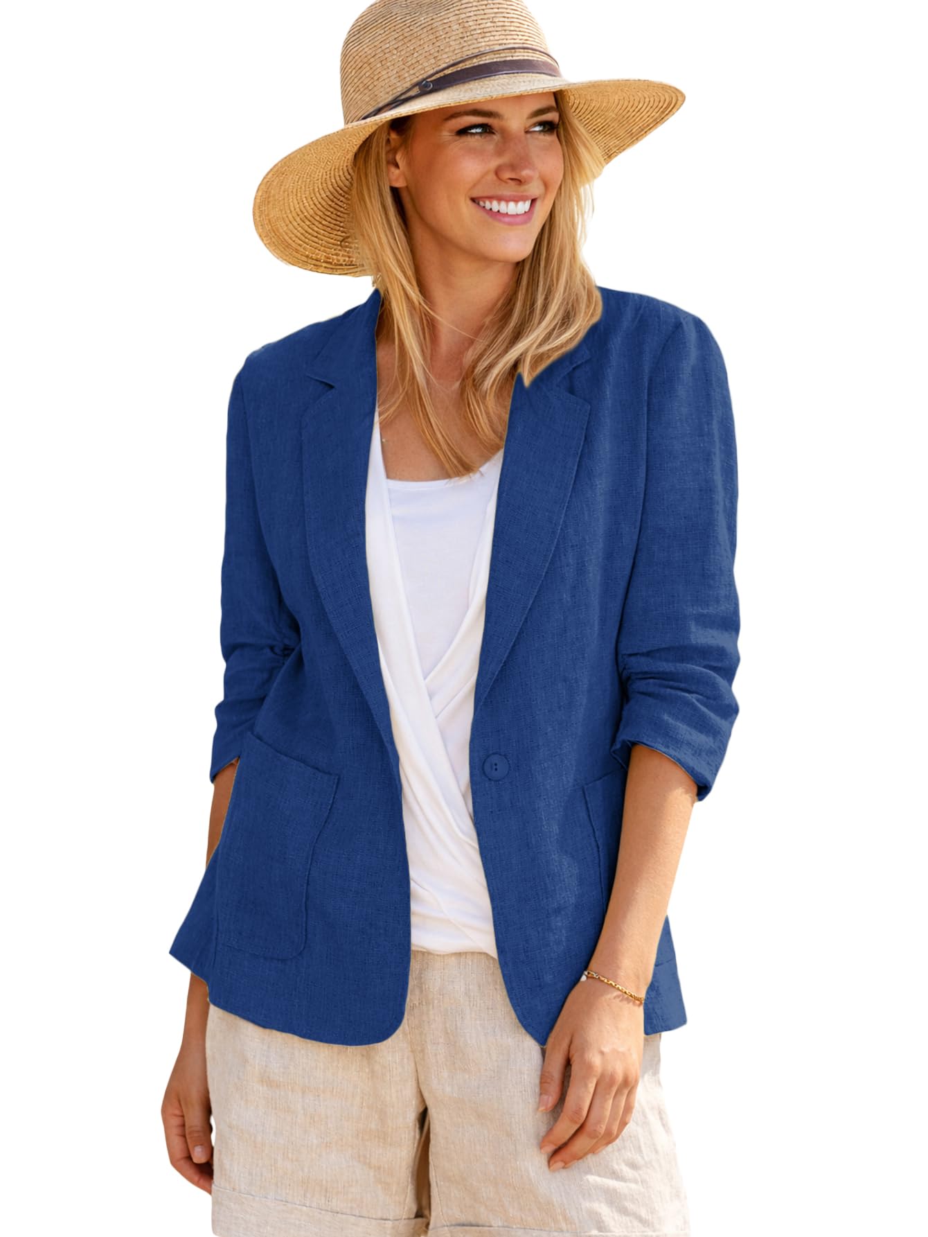 Mina Self 2026 Summer Women’s Linen Blazer Jacket - Lightweight Breathable 3/4 Stretchy Ruched Sleeve Casual Work with Pocket