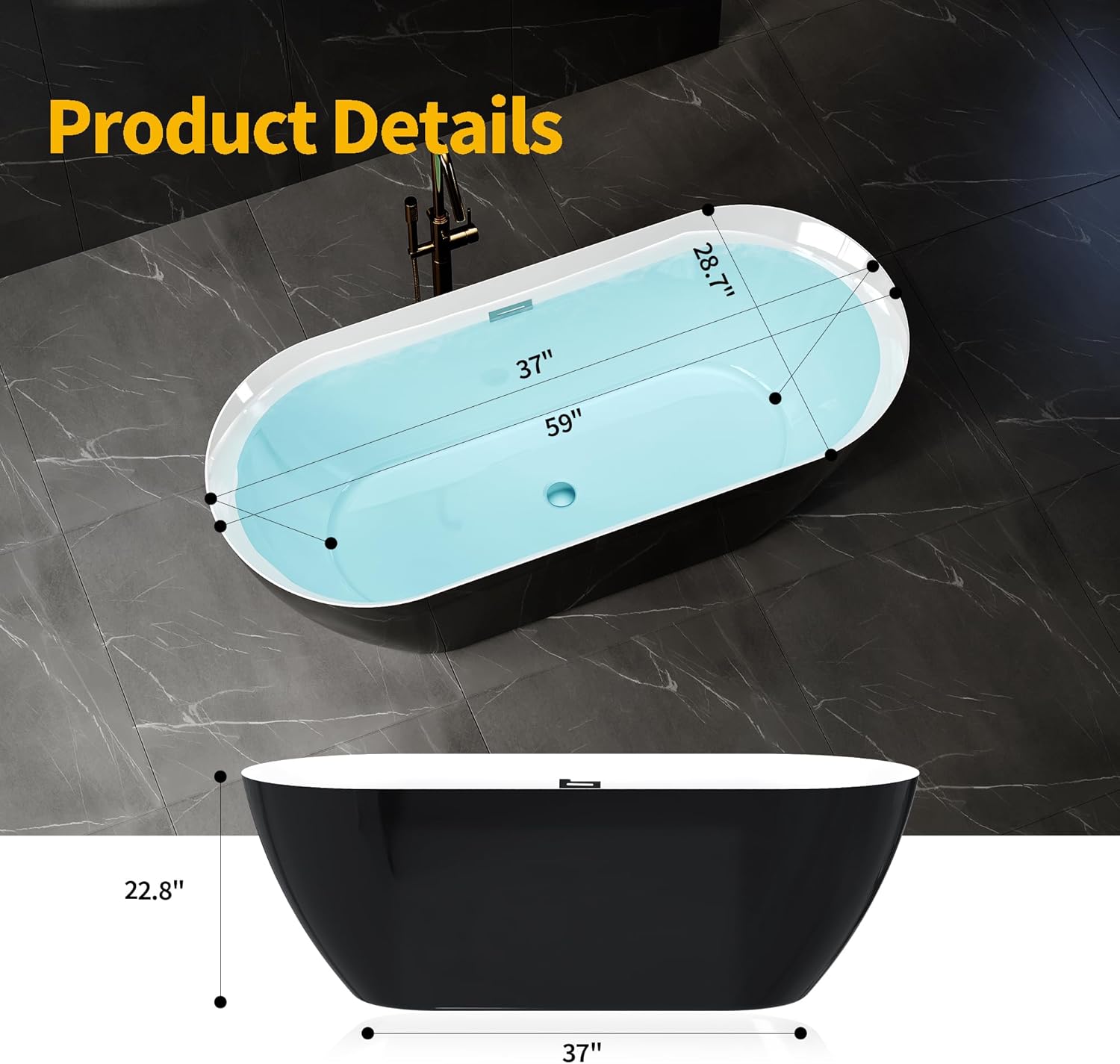 59 inch acrylic freestanding bathtub, deep soaking tub with white interior black exterior, oval stand alone acrylic bathtub, simple clean modern tub for home, apartment, bath, chrome drain 59 inch oval stand alone&black