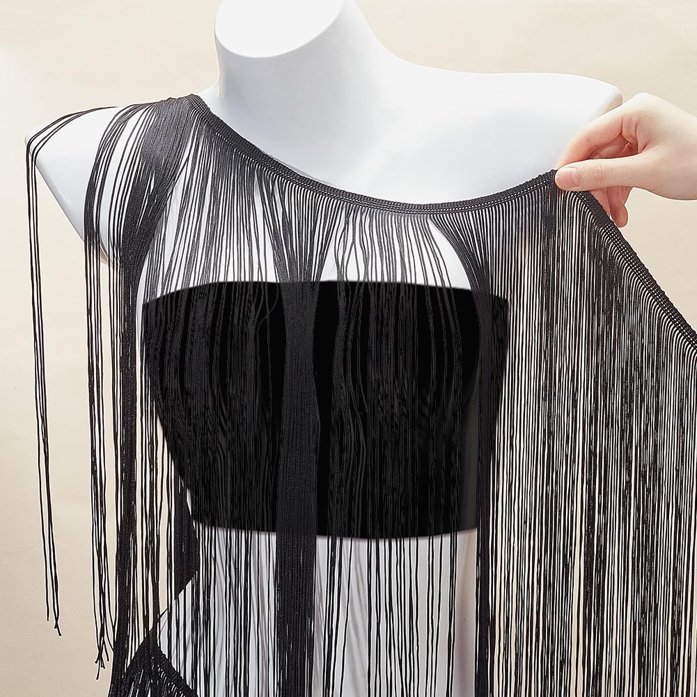 FINGERINSPIRE 2m Lungo Chainette Fringe Trim 50cm Ampia Poliestere Tassel Lace Ribbon Nero Cucito Tassel Fringe Trim Ribbon per Artigianato DIY Cucito Abbigliamento Accessori Decorazione Paralume