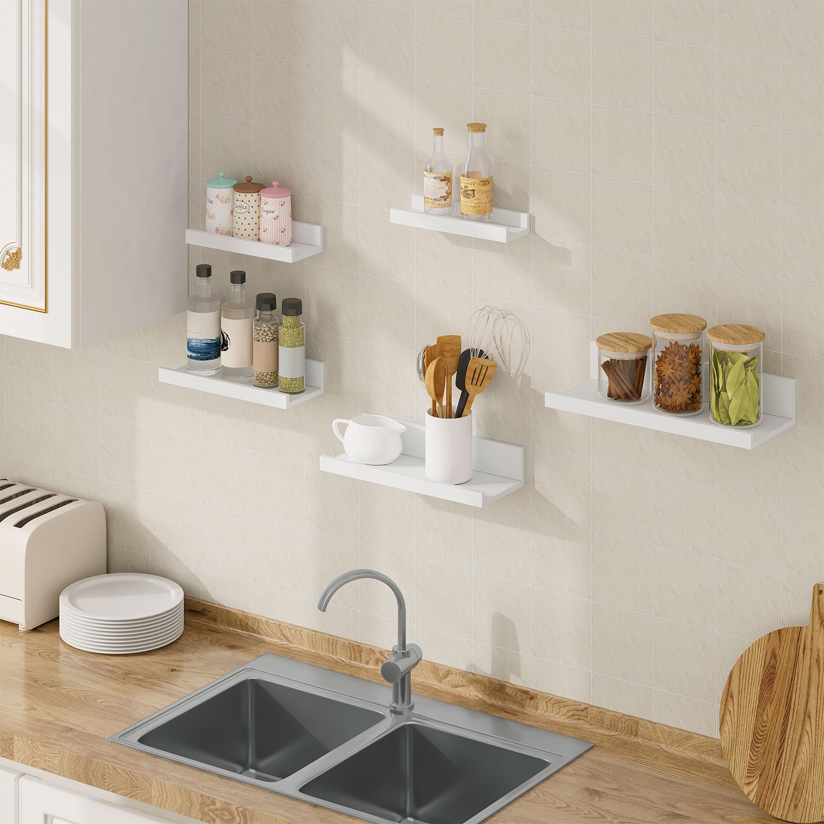 EUGAD Estanteria Pared Modernos Set de 5, Estantes Flotantes de MDF para Cocina, Baño, Repisa para Fotos para Sala de Estar, Dormitorio, Pasillo con Diseño Anti-Caída, Blanco, 5 Tamaños