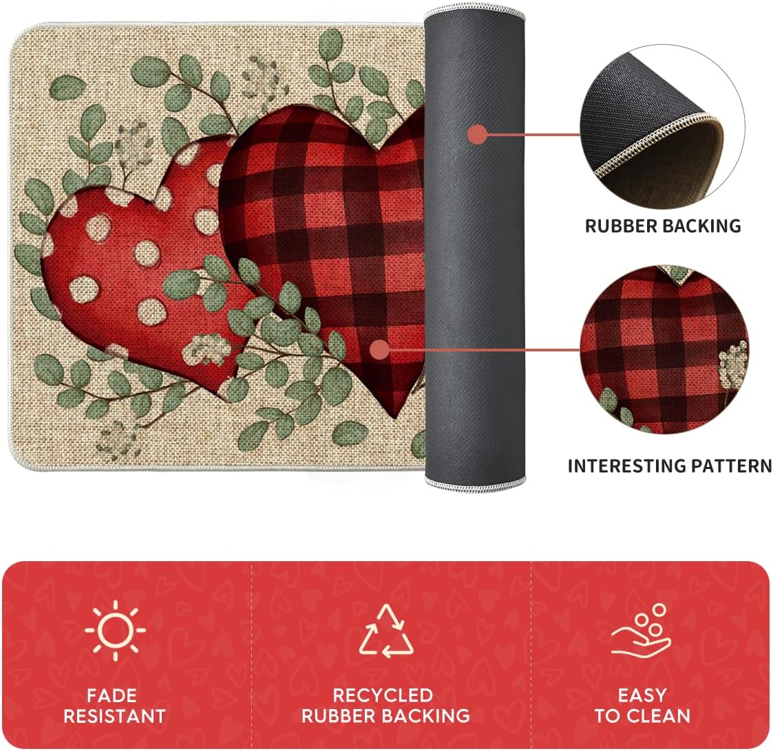 Artoid Mode Eucalyptus Love Heart Valentine's Decorative Kitchen Mats Set of 2, Home Party Low-Profile Home Kitchen Rugs - 17x29 and 17x47 Inch