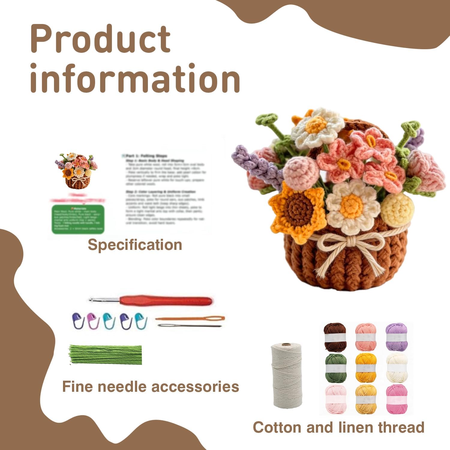 FACE N FACE DIY Crochet Flower Basket Kit for Beginners – Handmade Yarn Flower Arrangement Craft Set with Yarn, Floral Wire, Cotton Rope & Instructions – Easy Beginner Crochet Kit for Adults