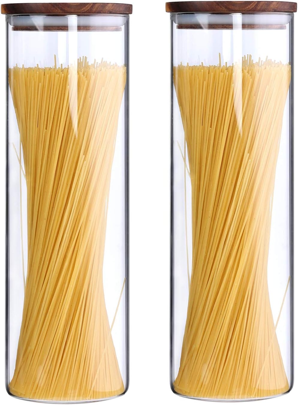 KKC Tall Borosilicate Glass Food Storage Jars for Spaghetti,Pasta Canisters,Noodle Holder Storage Sealed Containers with Wooden Lids,Airtight Clear Glass Kitchen Canisters Wood Lid,63 Floz,2 Piece Set