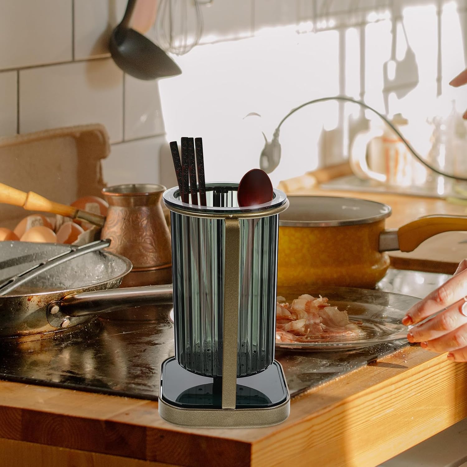 Green Silicone Metal Cutlery Holder for Kitchen Countertop Organizer
