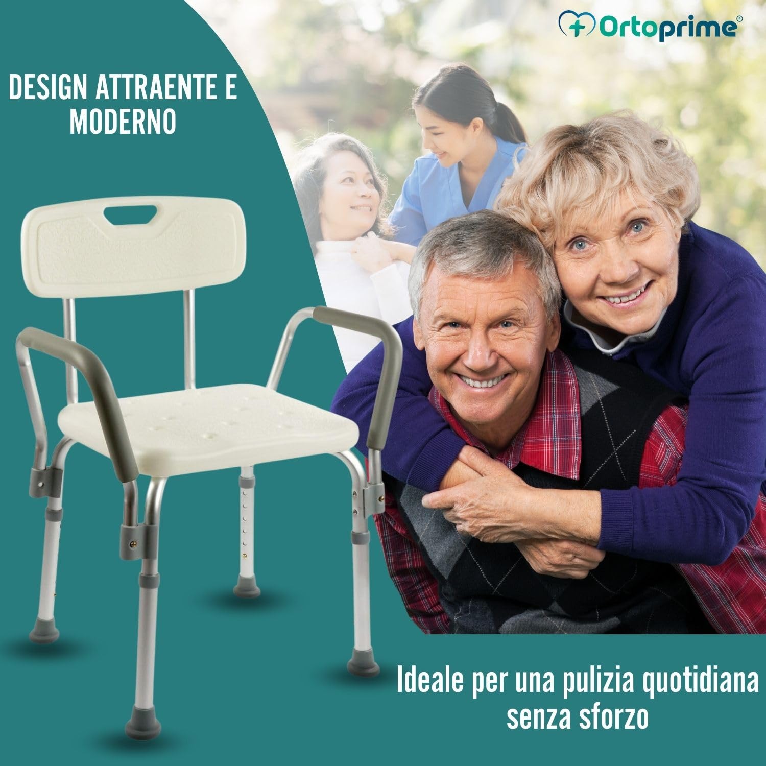 OrtoPrime Sedia da Doccia per Anziani con Schienale Rimovibile – Seggiolino Doccia Antiscivolo Regolabile in 6 Altezze – Sedile per Doccia Anziani e Disabili con Braccioli Imbottiti