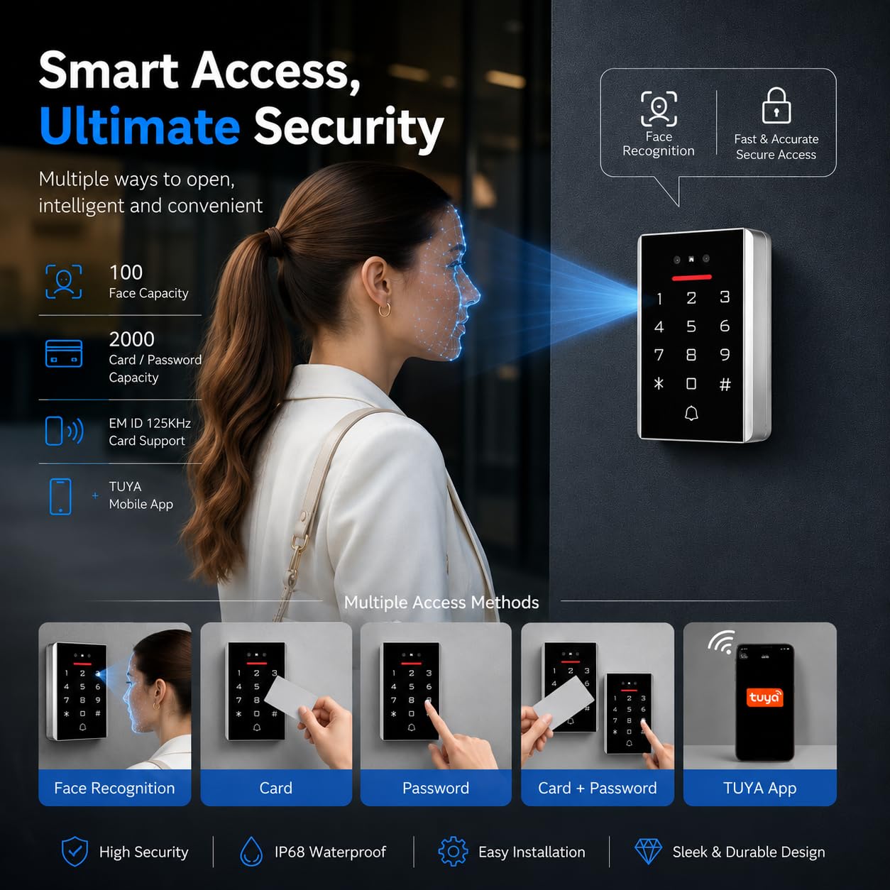 Contrôle d’Accès WiFi TUYA avec Reconnaissance Faciale pour Porte et Portail, Clavier à Code RFID 125kHz + 10 Badges ID, IP68 Métal, WG26/WG34, APP + PIN + Badge, Appartement Bureau Boutique (3D1)