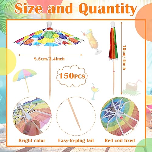 Miniatura 2 de Hoolerry 150 piezas de paraguas de bebida arco iris, palillos de dientes coloridos para copas de cóctel, palillos de papel arcoíris coloridos para