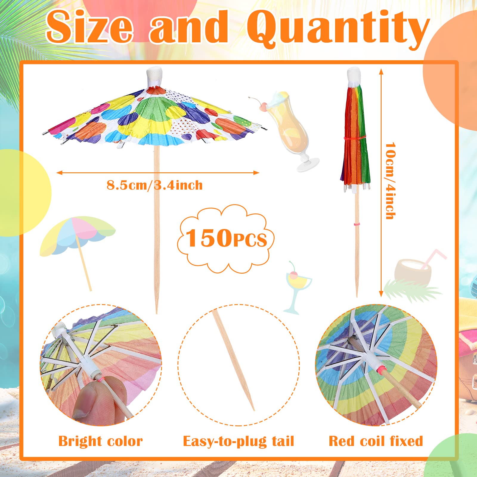 Hoolerry 150 Pcs Rainbow Drink Umbrellas Cocktail Picks Cupcake Toppers Cocktail Umbrellas Sticks Rainbow Paper Colorful Toothpicks for Luau Parasols Hawaiian Tiki Hotel Summer Party Bar Decorations