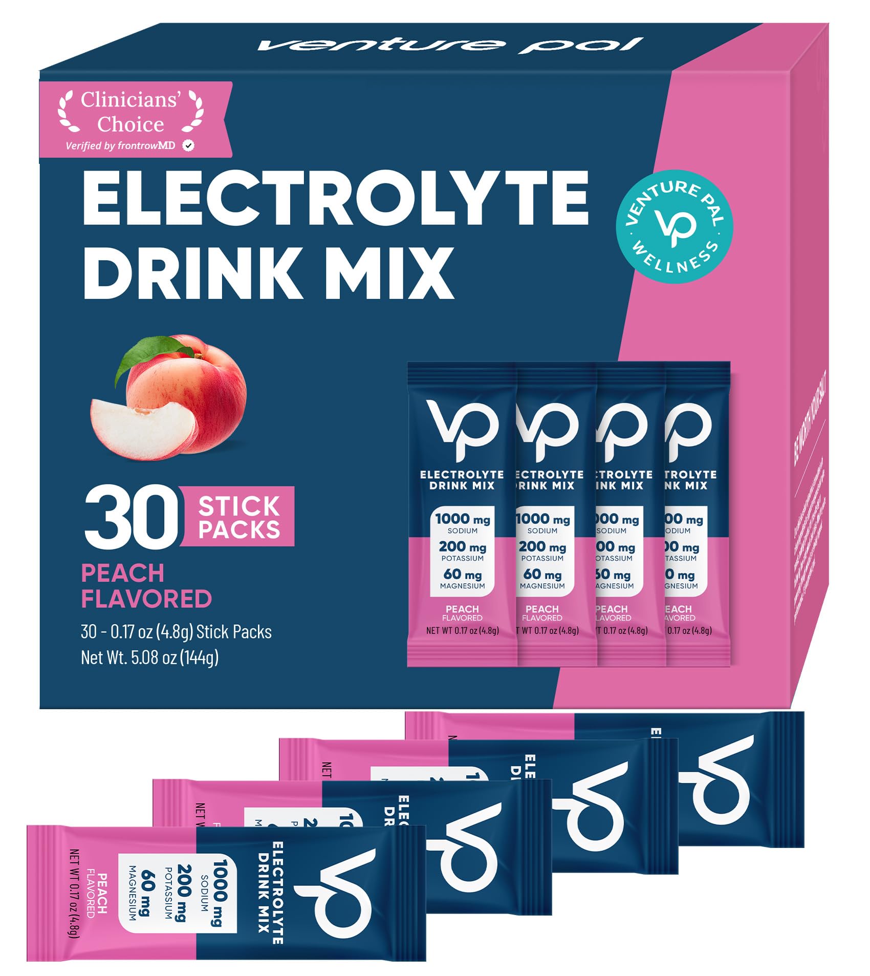 Venture Pal High Sodium Sugar-Free Electrolytes Powder Packets, 30 Sticks 0.17 Ounce (Pack of 30) V4-Peach Salt