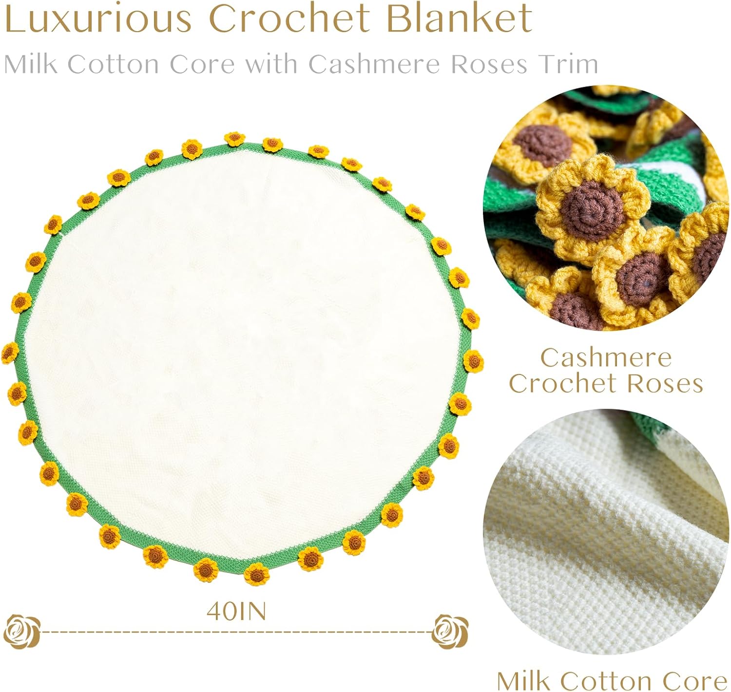 EIGHTOWN 43'' Crochet Sunflowers Rose Bouquet Blanket Finished - Handmade Knitted Throw Blanket - Home Décor Ideal Gift for Mom - Mother's Day Birthday Valentine's Day (Sunflower) - Image 4