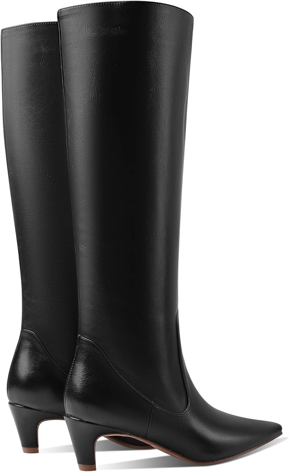 Women's Fashion Square Toe Matte Leather Solid Color Wide Calf Comfortable Slip On Low Kitten Heel Dress Knee High Boots Black Size 6 - Image 5