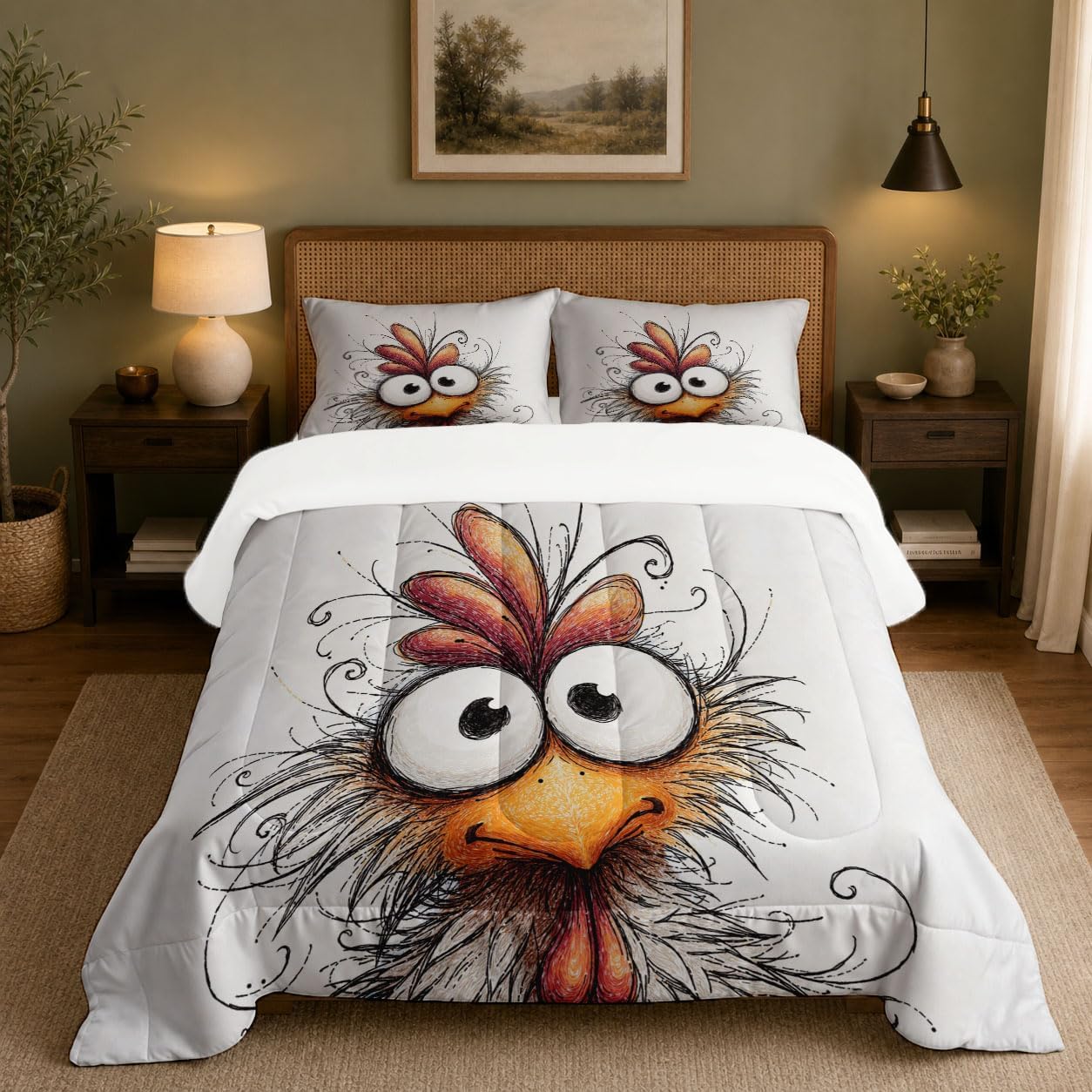 Graffiti Style Comforter Set King Size, Cartoon Chicken Bedding Set for Girls Boys, White Quilt Bed 104"X90" Bedding Comforter Sets with 2 Pillowcase Room Decor