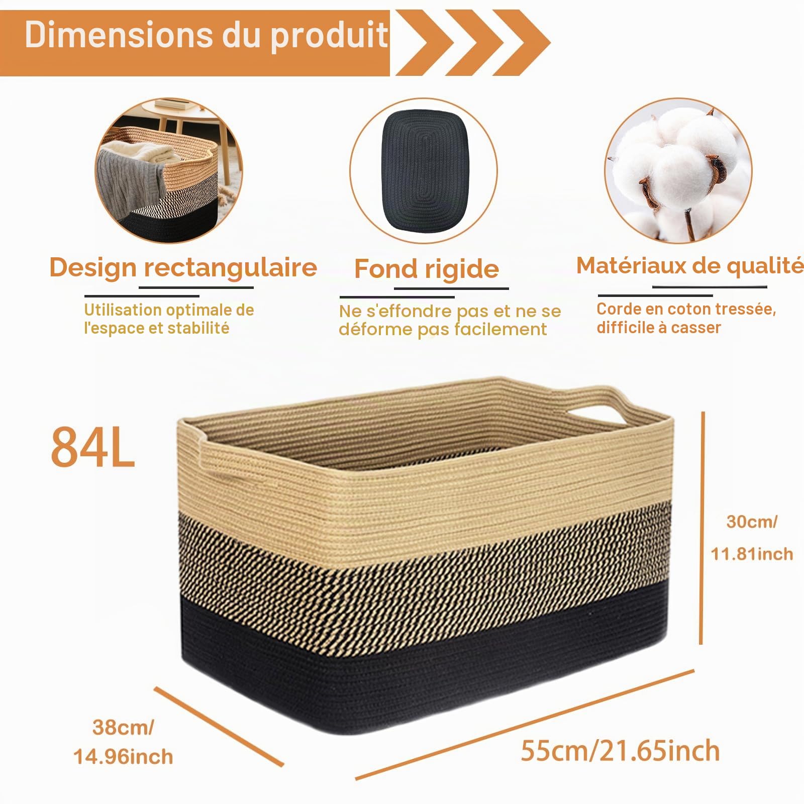 Panier de rangement, panier de rangement pour enfants avec poignées, grand panier de rangement pliable tressé en corde de coton pour salle de bain, chambre d'enfant (60x40 cm, brun+noir)