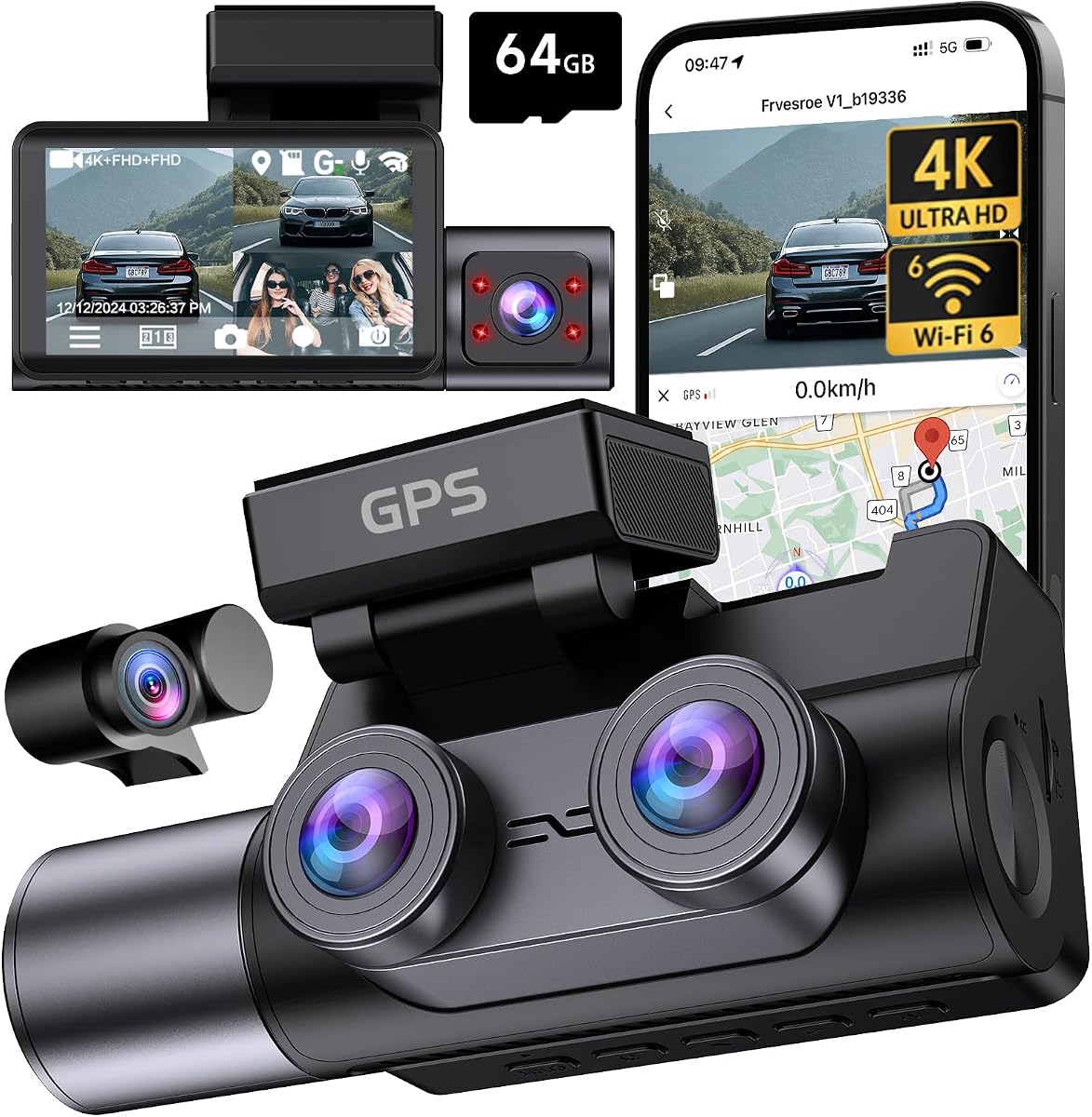 Cámara de salpicadero 4K delantera trasera interior, cámara de salpicadero de 3 canales con WiFi 6 y GPS | Cámara de salpicadero 4K+1080P+1080P para coches con tarjeta de 64GB, visión nocturna por infrarrojos, IPS de 3", modo de estacionamiento 24H, sensor G, grabación en bucle