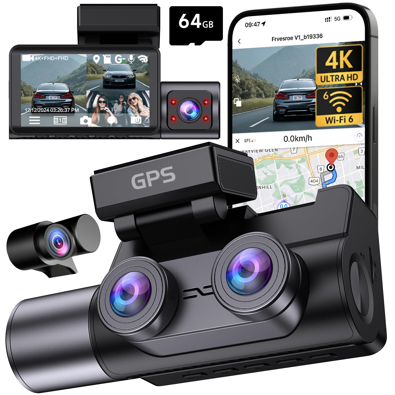 3-Kanal Dashcam Auto, 4K UHD Vorne 170° + Full HD Hinten 140° + Innenraum 140°, Dash cam mit 24h Parküberwachung, WiFi 6 & GPS, HDR/WDR Nachtsicht, 3 Zoll IPS Dashcam mit 64GB Karte(V1)