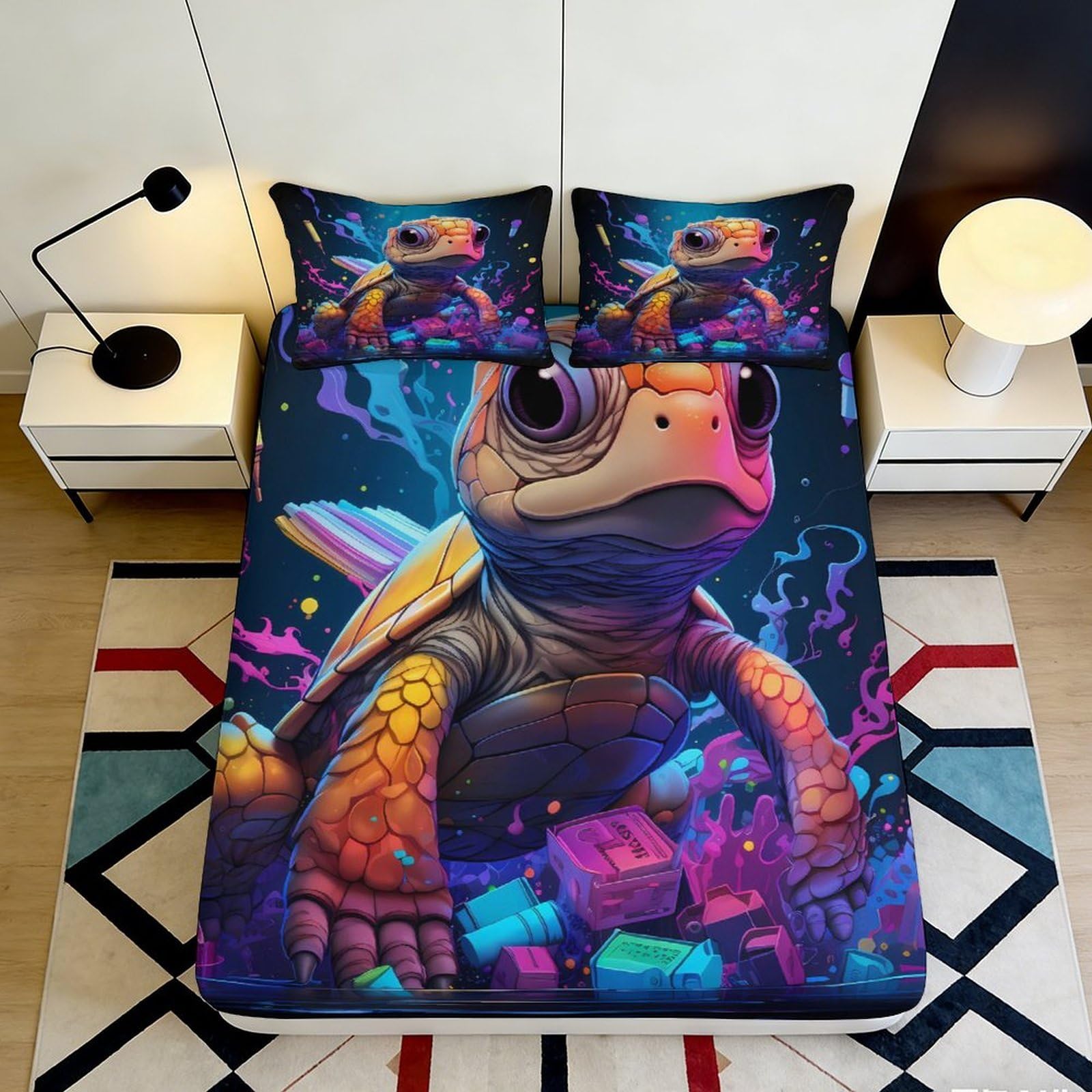 3D Printed Turtle Theme Fitted Sheet Microfiber Deep Pocket Non-Slip Ocean Mattress Fitted Cover for Bedroom Bedding Adult 140x200x25cm